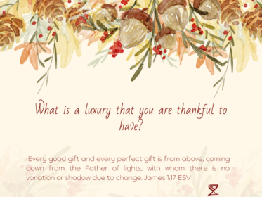Gratitude Challenge Day 7: What is a luxury you are thankful to have? Every good gift and every perfect gift is from above, coming down from the Father of lights, with whom there is no variation or shadow due to change. James 1:17 ESV