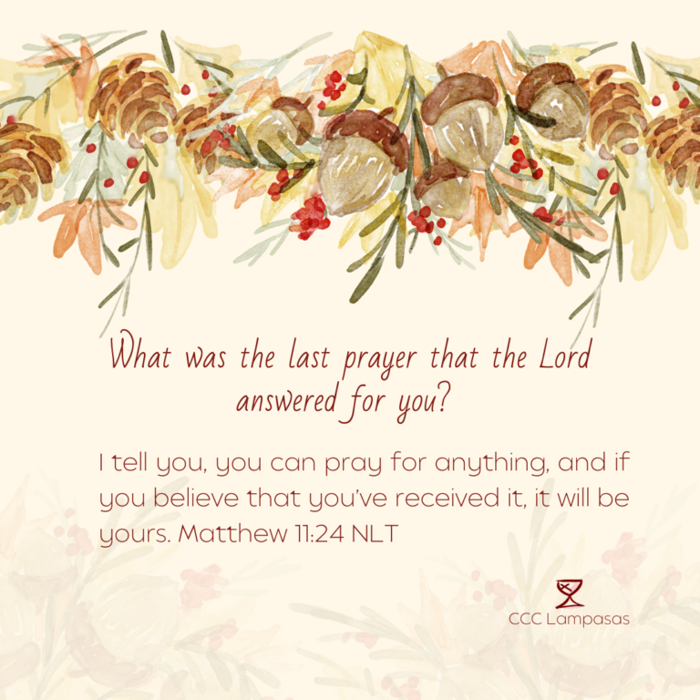 Day 15: What was the last prayer that the Lord answered for you? I tell you, you can pray for anything, and if you believe that you’ve received it, it will be yours. Matthew 11:24 NLT