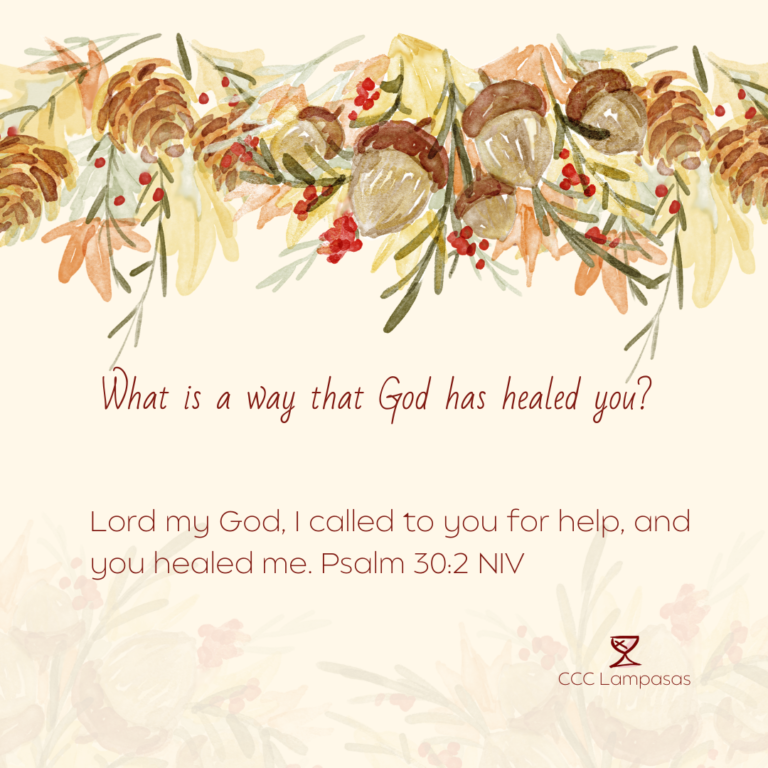 Day 20: What is a way that God has healed you? Lord my God, I called to you for help, and you healed me. Psalm 30:2 NIV