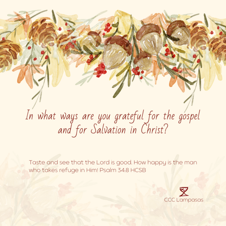 Day 22: In what ways are you grateful for the gospel and for Salvation in Christ? Taste and see that the Lord is good. How happy is the man who takes refuge in Him! Psalm 34:8 HCSB