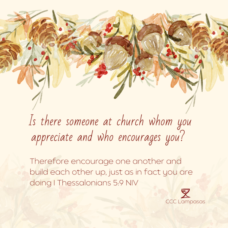 Day 28: Is there someone at church whom you appreciate and who encourages you? Therefore encourage one another and build each other up, just as in fact you are doing I Thessalonians 5:9 NIV