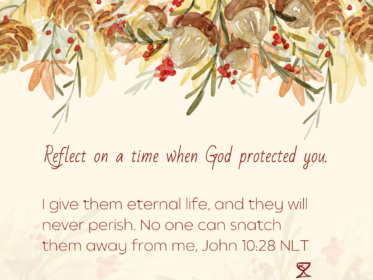 Day 29: Reflect on a time when God protected you. I give them eternal life, and they will never perish. No one can snatch them away from me, John 10:28 NLT